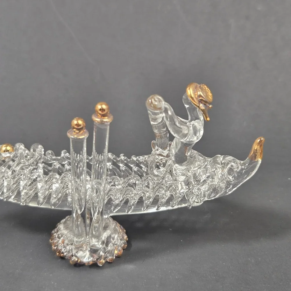 Murano Clear Glass Venetian Gondola Figurine Gold Trim Vintage Decor